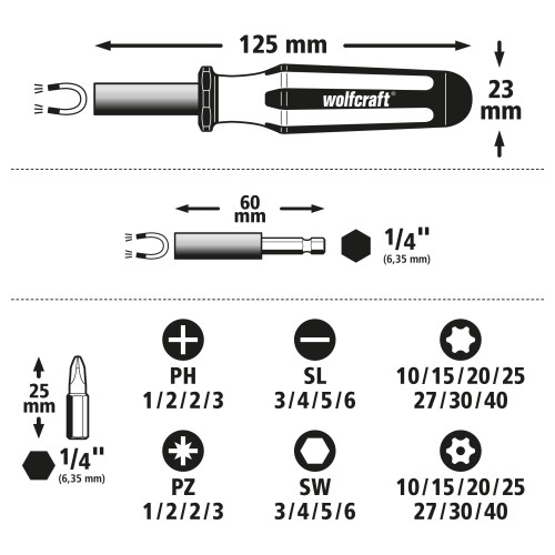 Caja de puntas, ranura/estrella (PH/PZ) / TORX® (T) / TORX® con agujero / hexágono interior, 32 piezas - Imagen 3