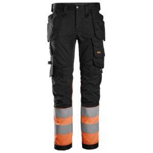 6234 Pantalones largos de trabajo elásticos de alta visibilidad clase 1 con bolsillos flotantes negro-naranja
