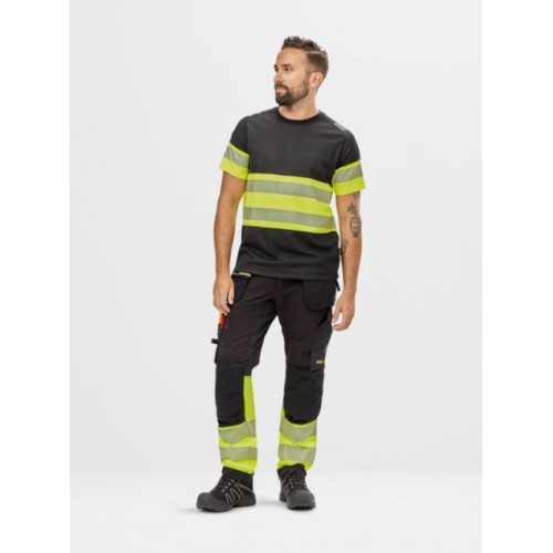 6934 Pantalones largos de trabajo elásticos de alta visibilidad clase 1 con bolsillos flotantes negro-amarillo - Imagen 2
